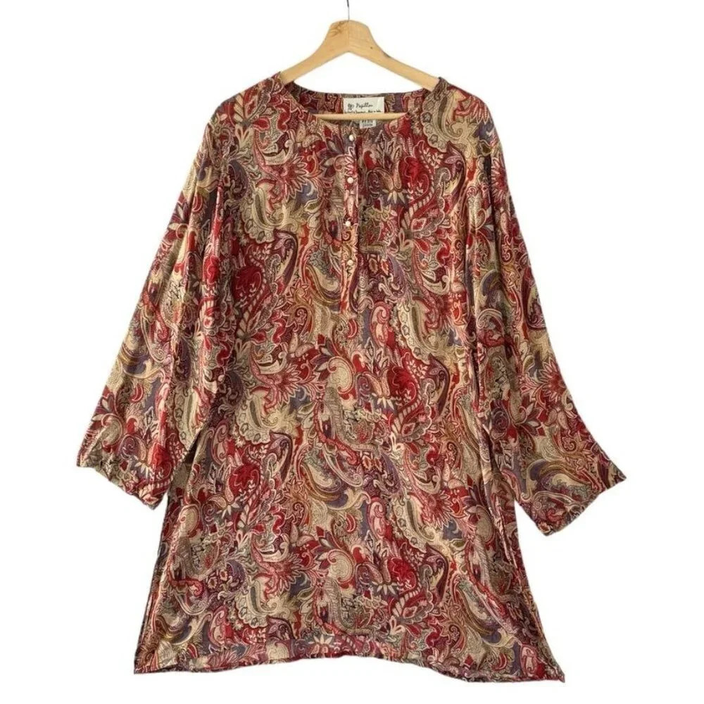 90s Vintage Papillon Tan Terracotta Paisley Print Pearl Button Loose Fit Tunic